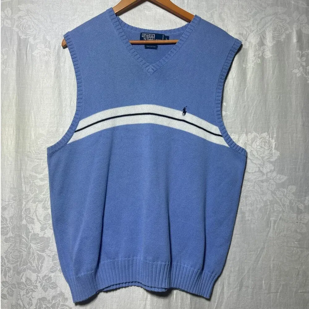 Vintage Polo Ralph Lauren Sweater Vest Large Blue White Stripe Cotton